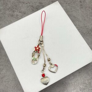 Y2K Silver-Tone Embellished Red Plumeria Flower‎ Heart Dangle Cell Phone Charm